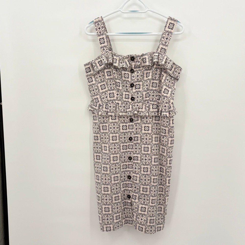 Ann Taylor Petite Sheath Dress 12P Navy Cream Tile Print Peplum Smocked 543500